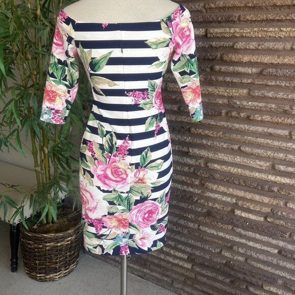 Eliza J Off Shoulder Striped Rose Floral Long Sleeve Dress Size 6 - Picture 6 of 10